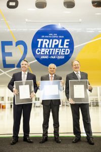 John Slattery, President & CEO, Paulo Cesar de Silva e Souza, President & CEO, Embraer S.A, Embraer Commercial Aviation, Mauro Kern, Executive Vice-President, Engineering, Embraer S.A, during the E195-E2 certification ceremony.